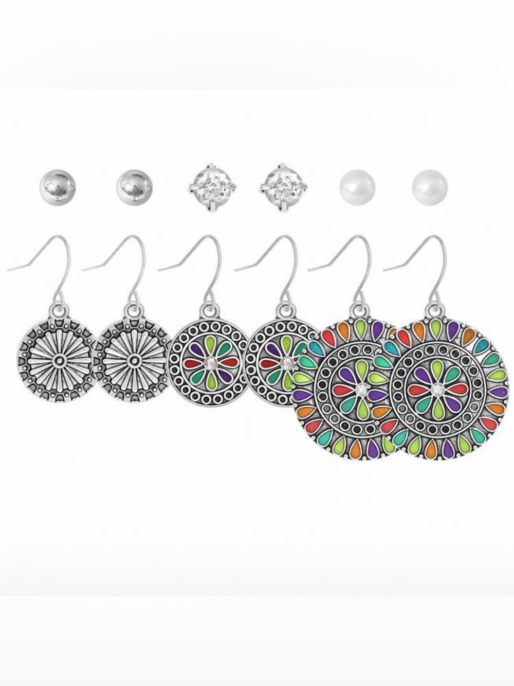 Multi-Style Silver Tone Floral Drop Earring 6 piece Set with Multicolor Accents